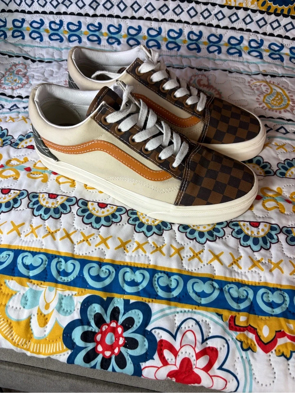 Vans Checkerboard Brown Tan Cream Sneakers